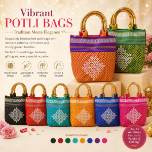 POTLI 3P KHAN PIPE 957 bags assorted colour with kada handle — TRADITIONAL RETURN GIFTS— TRADITIONAL RETURN GIFTs bags