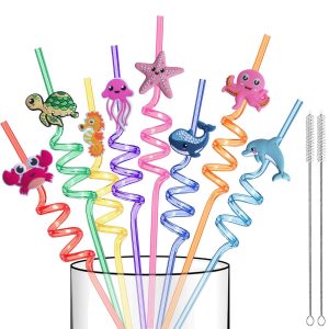STRAW SPIRAL 4PC PER PACK GLASS LOOK STRAWS WITH CARTOON, FRUITS OR ASSORTED CHARACTER MINIATURE HEADS
