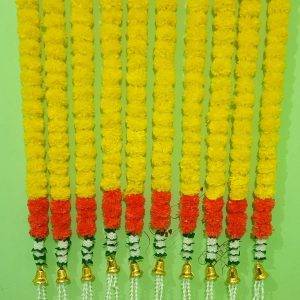 MARIGOLD BANTI KKD -- 6 feet approx-- yellow major line ---red or orange bottom latkan — FLOWERLINES FLOWER LINE GARLANDS