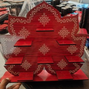 WOOD ASAN KOLAM MUGGU WITH IDOLS PLATES – WITH SUB DIYA STANDS  - MDF KGF WOOD PROPS