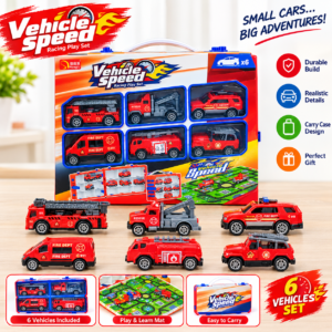 Speed Vehicle 2-in-1 Fire Rescue Transport Truck Storage Case with 6 Mini Alloy Cars & Play Mat