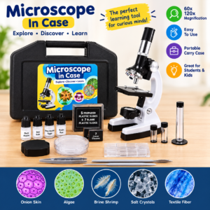 Kids & Beginners STEM 28-Piece Scientific Microscope Set in Hard Carrying Case (300x, 600x, 1200x Magnification)