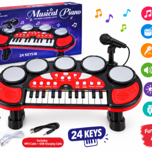 24-Keys Multi-Function Kids Musical Piano & Electronic Drum Set Toy with Microphone & Flashing Lights